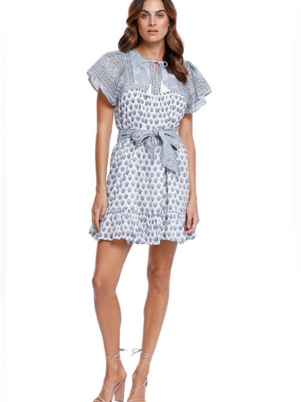 Cleobella White and Blue Boho Mini Dress with Tassel Ties